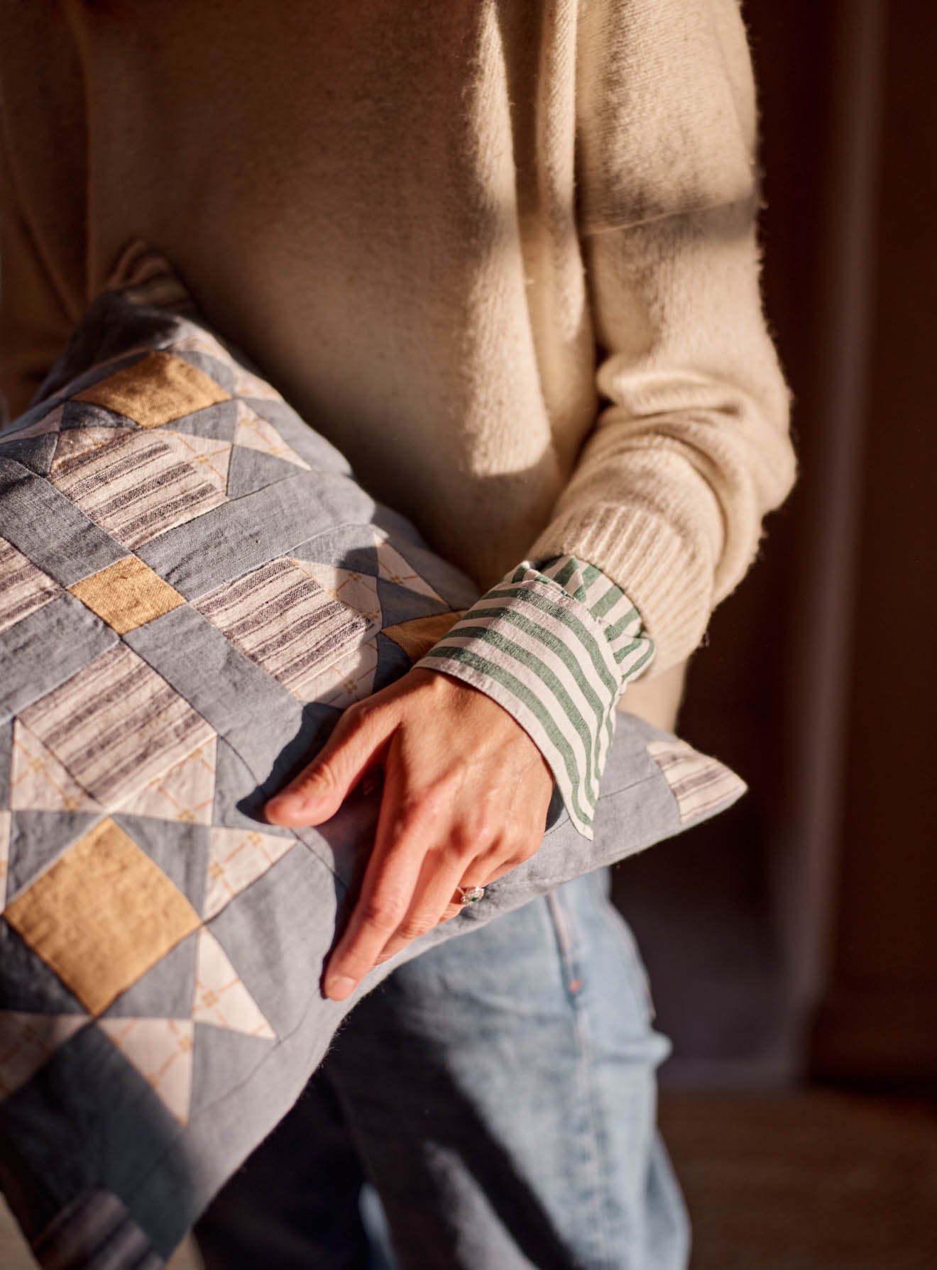 Patchwork Linen Cushion, Blue