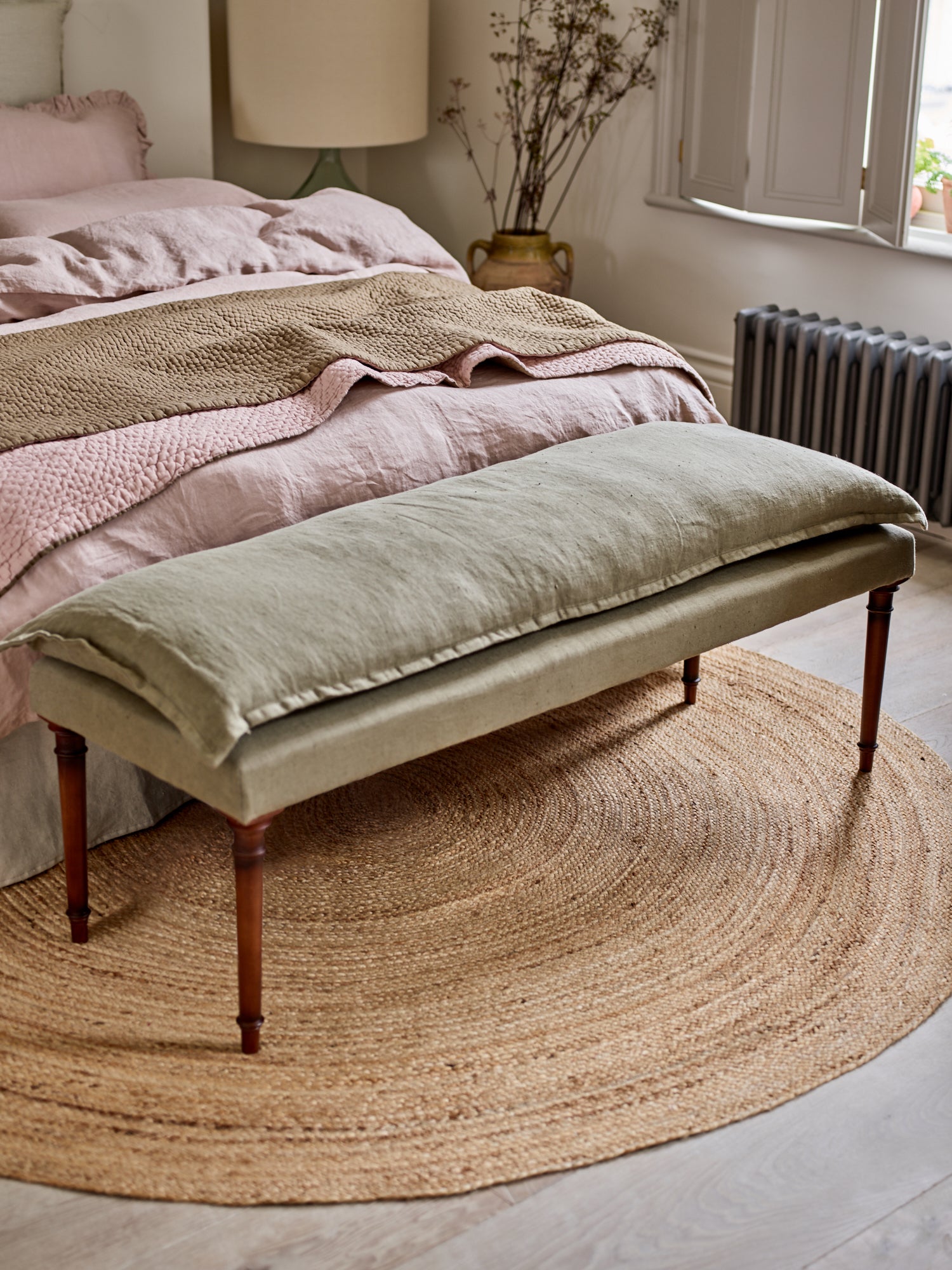 Mila Upholstered Bench, Rust Linen