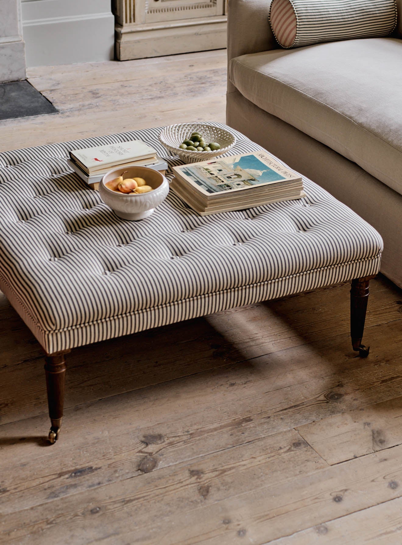 Freyer Footstool, Square, Ecru Linen