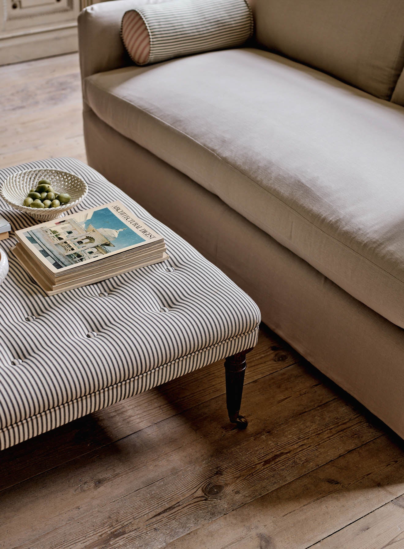 Freyer Footstool, Square, Black Ticking Stripe