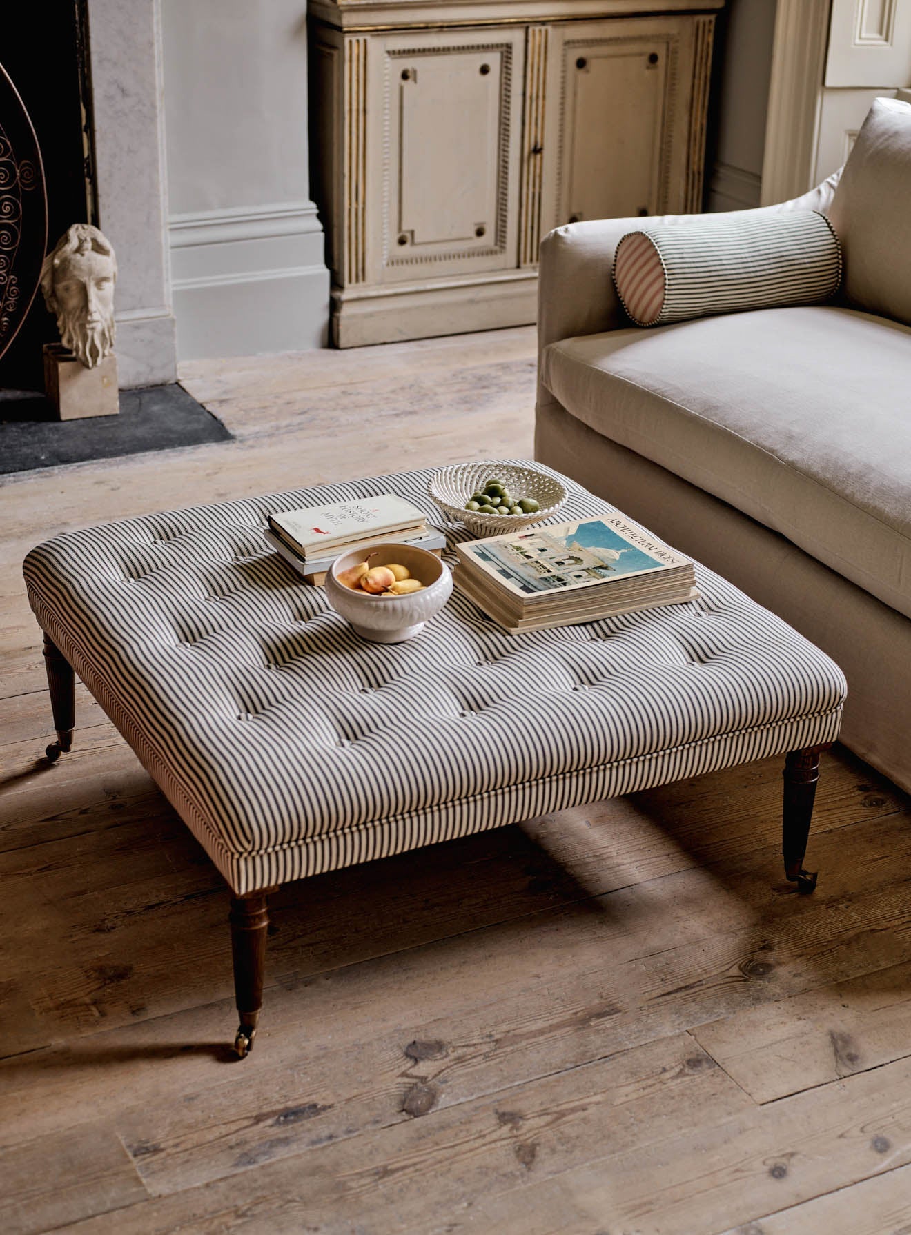 Freyer Footstool, Square, Black Ticking Stripe