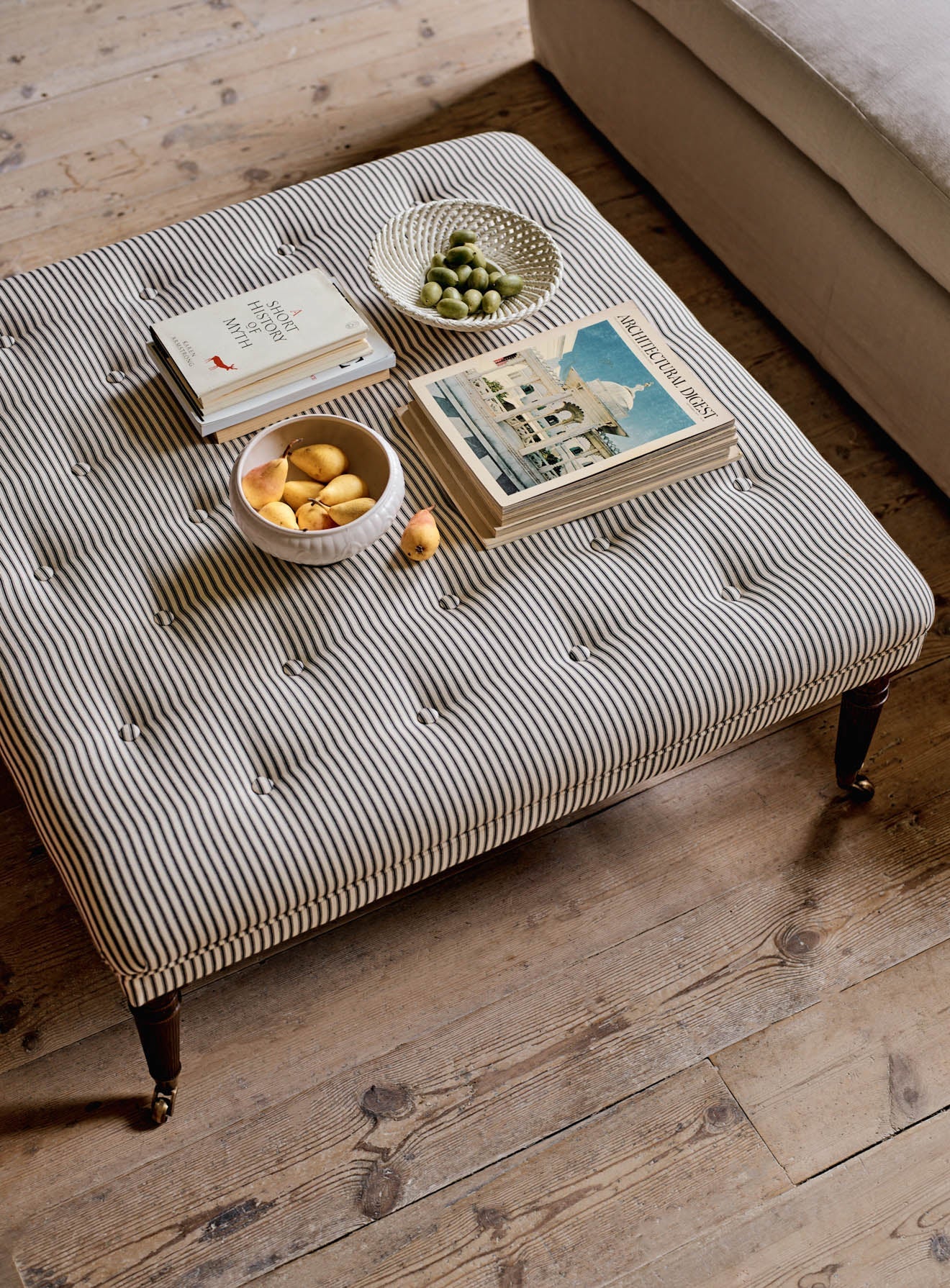 Freyer Footstool, Square, Black Ticking Stripe