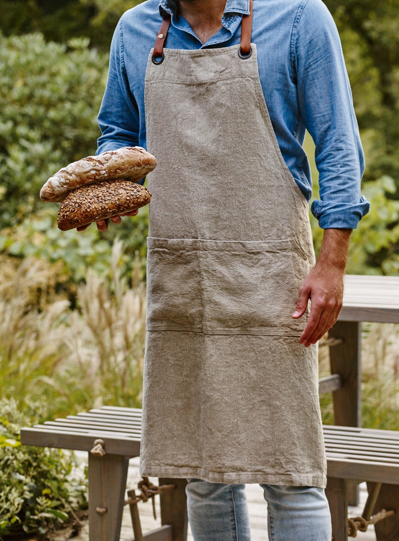 Linen Apron, Natural with Leather Strap