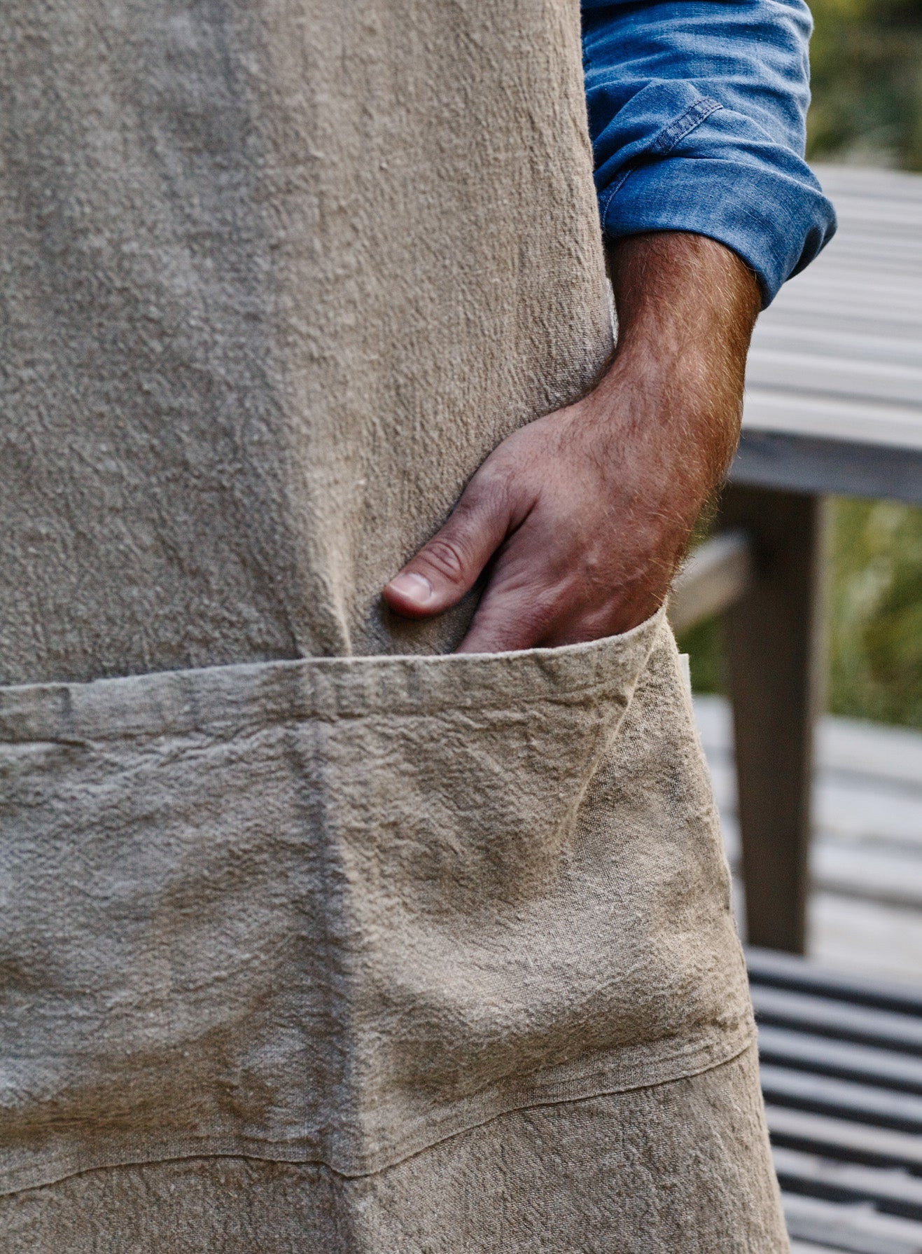 Linen Apron, Natural with Leather Strap